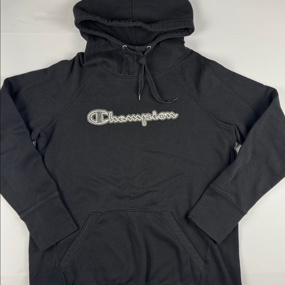 Champion Men's Black Script logo hooded sweatshirt with kangaroo pocket